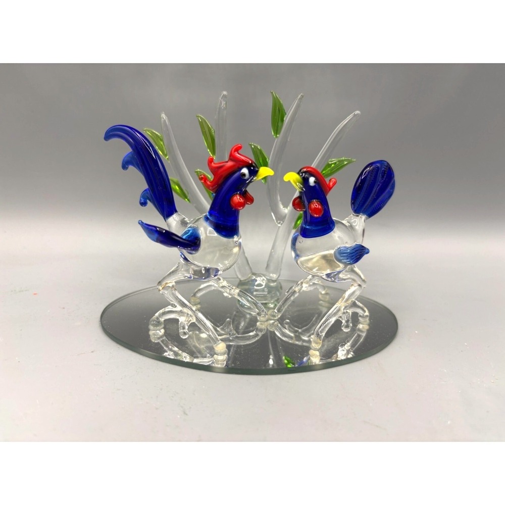 Hand Blown Glass Rooster Figurines Mirror‎ Base Colorful Display